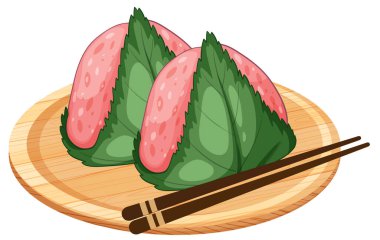 Yeşil yapraklara sarılı üç sakura mochi, vektör stili, ahşap tabakta yemek çubuklarıyla.