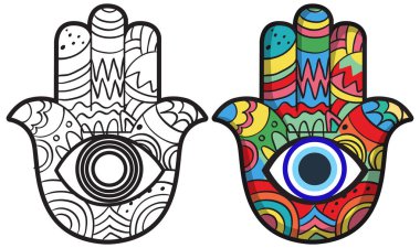 Hamsa ellerinin vektör çizimi, biri renkli, biri çizili, cesur geometrik desenli.