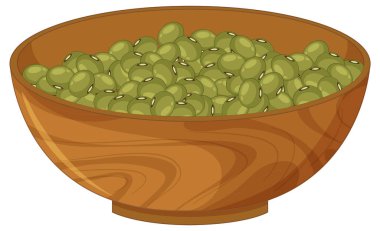 Düz vektör çizimi: Ahşap bir kasede, toprak renkte yeşil mung fasulyesi..