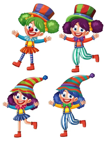 Canlı kostümlü dört neşeli palyaço, beyaz arka planda bir şebekeye yerleştirilmiş..