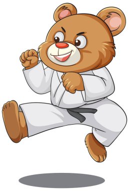 Karate üniformalı neşeli çizgi film ayısı dinamik atlama tekmesi atıyor, cesur çizgiler, canlı renkler..