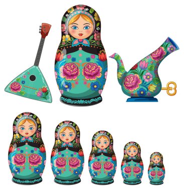 Rus matryoshka bebeklerinin canlı vektör çizimi, çiçek balalaykası, ve halk desenleriyle süslü semaver..