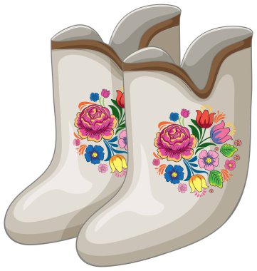 Renkli çiçek işlemeli beyaz keçeli çizmeler, temiz vektör çizimi, yumuşak gölgeler, pürüzsüz çizgiler..