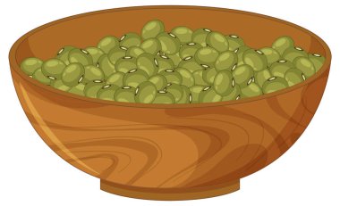 Düz vektör çizimi: Ahşap bir kasede, toprak renkte yeşil mung fasulyesi..