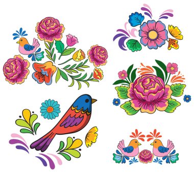 Geleneksel halk sanatında şekillendirilmiş kuşların ve çiçeklerin renkli vektörü..