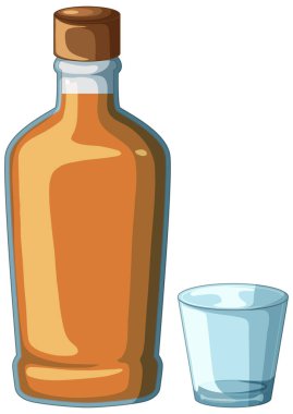 Viski şişesinin mantarlı ve boş bardaklı çizgi film vektörü, kalın çizgiler, düz renkler.