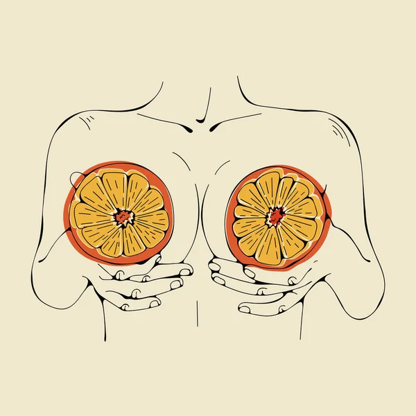 Sexy Girl Putting Oranges Her Breast Grafiche Vettoriali