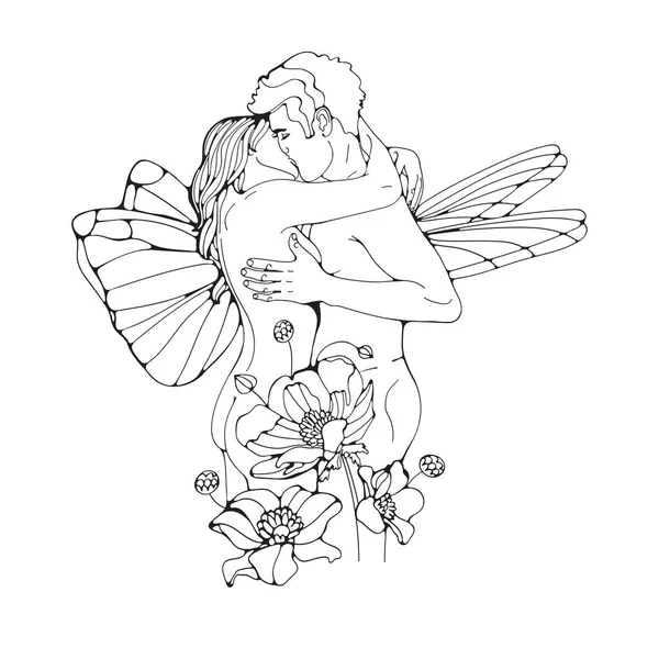 Love Couple Kissing Embraced Flowers Blooming Them — Stockvektor