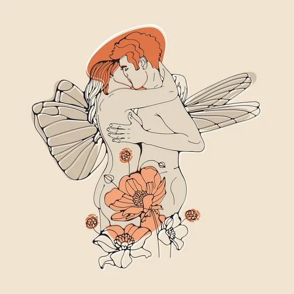 Love Couple Kissing Embraced Spring Garden Ilustrações De Bancos De Imagens Sem Royalties