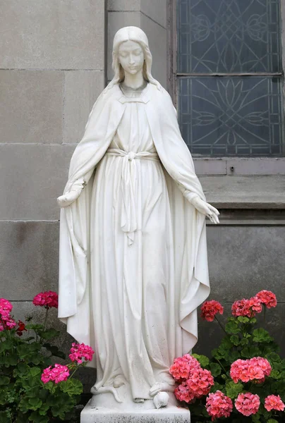 Old Marble Statue Virgin Mary Geranium Flowers Indianapolis Usa — Stock Photo, Image