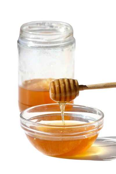 Honey Bowl Dengan Dipper Dan Jar Terisolasi Dengan Warna Putih — Stok Foto