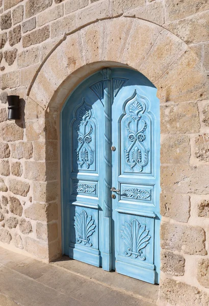 Tradiční Kamenný Dům Mardin Krásnými Modrými Dveřmi Mardinu Turecko — Stock fotografie