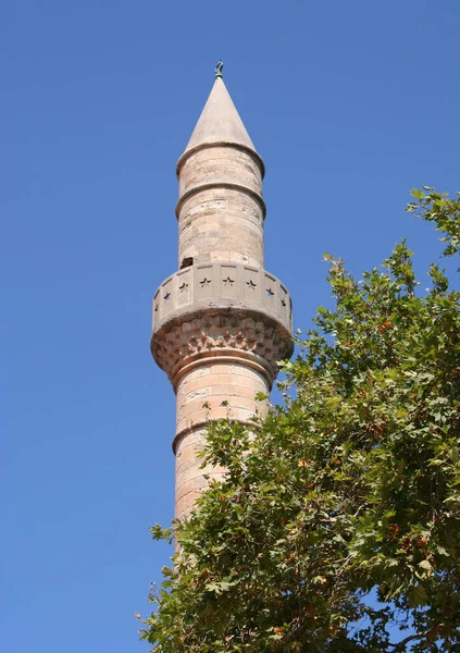 Minarete Mezquita Época Otomana Con Fondo Azul Del Cielo Kos —  Fotos de Stock