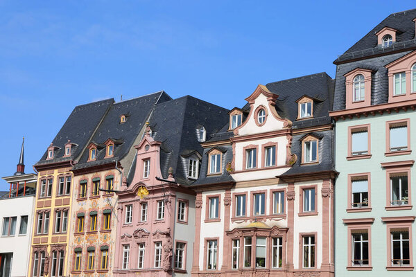 MAINZ, GERMANY-MARCH 28:Colorful German Architectures with facades, sculptures and design. March 28,2015 in Mainz, Germany