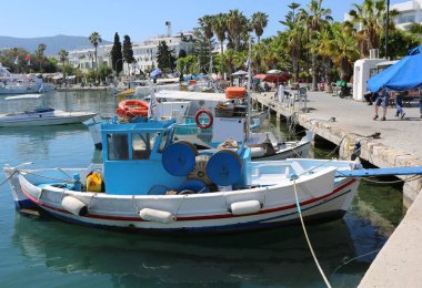 Kos, Yunanistan-12 Mayıs 2019: Palmiye ağaçlarının yanındaki limana demirlemiş balıkçı tekneleri