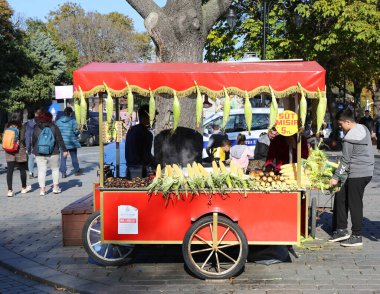 İSTANBUL, TURKEY-OCTOBER 30. 2021: Sultanahmet Park 'ta mısır ve kestane satan tanımlanamayan mısır satıcısı