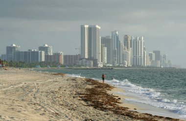 MIAMI BEACH, FLORIDA, USA-AUGUST 21,2009:Unidentified Older Gentleman jogging  at The  Beach in a Hot Summer Day with Condos on Background clipart