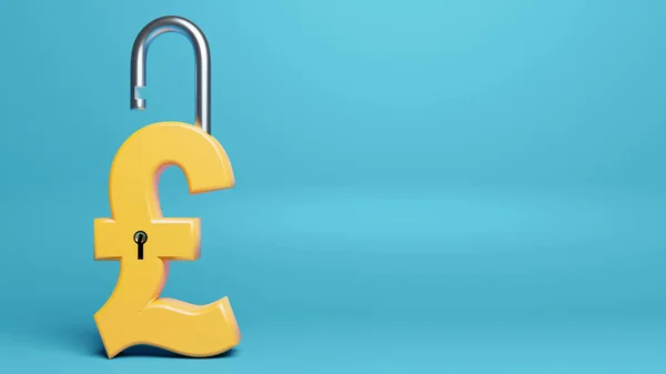 Gelbes Pfund Sterling Symbol Mit Einem Vorhängeschloss Auf Blauem Hintergrund — Stockfoto