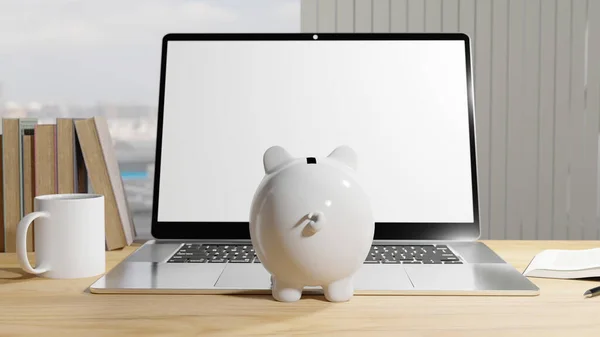 Weißes Sparschwein Mit Blick Auf Einen Laptop Auf Einem Schreibtisch — Stockfoto