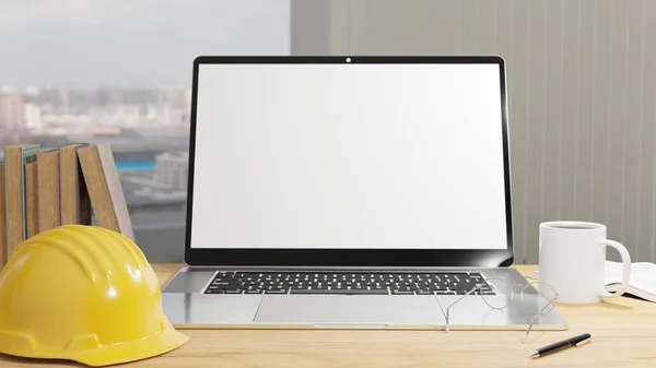 Olhando Para Espaço Cópia Branco Laptop Com Hardhat — Fotografia de Stock