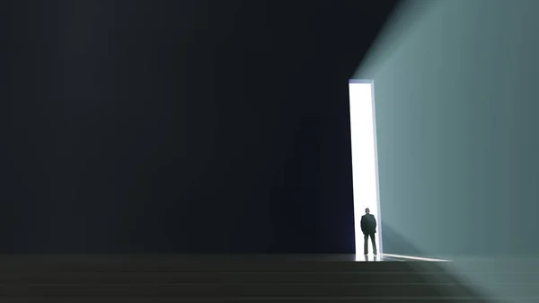一个男人站在门口 朝灯光望去 — 图库照片