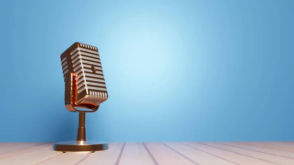 Golden Retro Microphone Wooden Table Blue Background — Stock Photo, Image