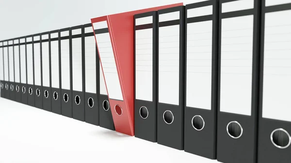 Line of black folder with a red folder leaning out signifies key business data management out of line.