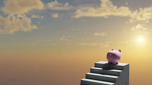 Piggy Bank Beklimt Trap Naar Een Mooie Toekomst Bij Zonsondergang Stockafbeelding