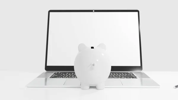 Piggybank Néz Egy Laptopot Egyszerű Háttérrel Üres Képernyővel Jogdíjmentes Stock Fotók