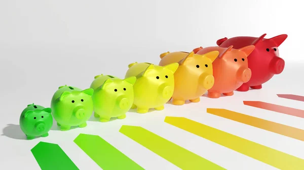 Row Piggy Banks Red Green Depicting Energy Efficiency Chart Stock Photo