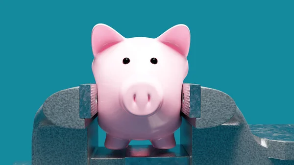 扭曲的粉色小猪银行挤进虎钳 象征着财政压力和债务 浅蓝色背景 图库图片