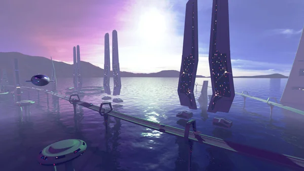外星星球上幻想城市的3D渲染 — 图库照片