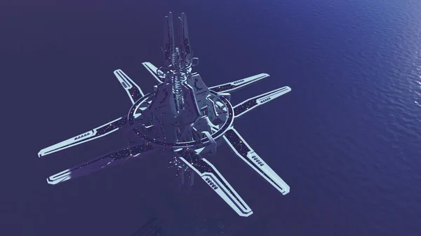 Renderização Uma Estação Espacial Fantasia Planeta Alienígena Alto Ângulo — Fotografia de Stock