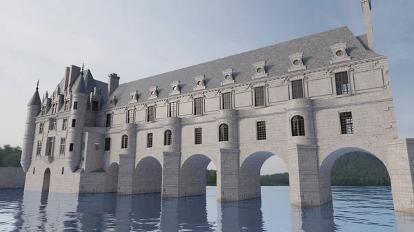 Rendering Slottet Chenonceau Vand - Stock-foto