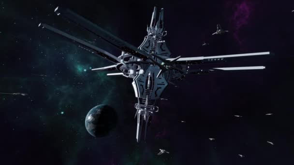 Анімація Фантастичної Космічної Станції Космічними Кораблями Землею — стокове відео
