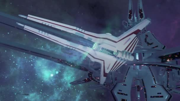 Animation Ενός Φανταστικού Διαστημικού Πλοίου Πάνω Από Φουτουριστικό Διαστημικό Σταθμό — Αρχείο Βίντεο
