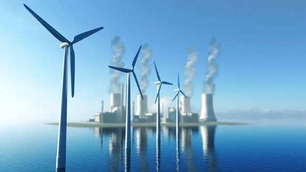 Renderização Turbinas Eólicas Uma Usina Nuclear Segundo Plano — Fotografia de Stock