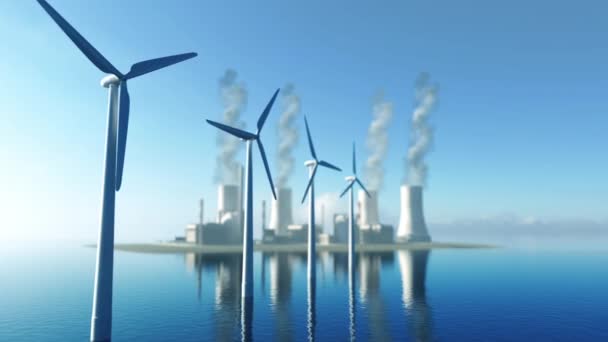Animation Wind Turbines Nuclear Power Plant Background — Stock Video
