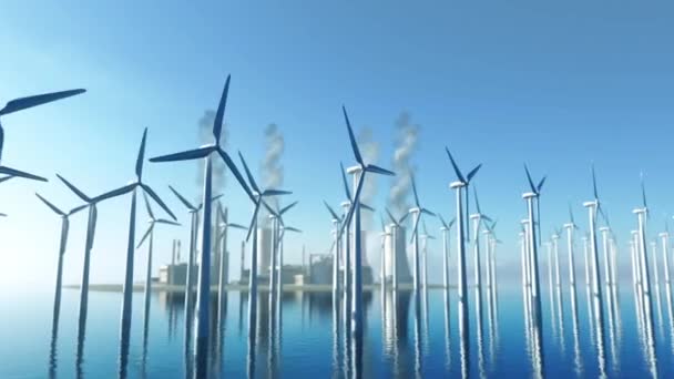 Animation Many Wind Turbines Nuclear Power Plant Background — Stock Video