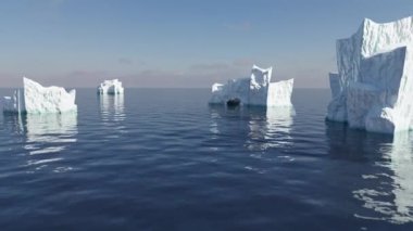 Okyanusta yüzen buz dağlarının 3 boyutlu animasyonu