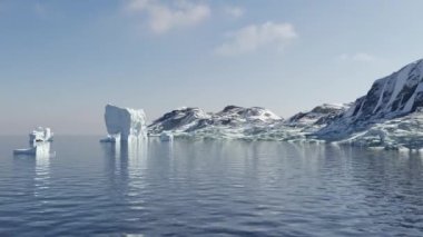 Yüzen buz tuğlaları ve dağ silsilesiyle antarktik manzaranın 3 boyutlu animasyonu