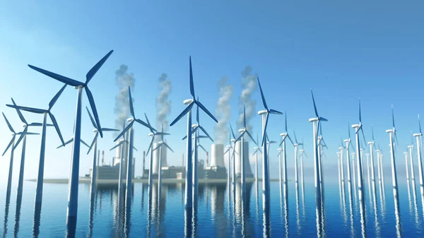 背景に複数の風力タービンと原子力発電所の3Dレンダリング ロイヤリティフリーのストック画像