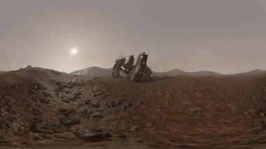 Mars yüzeyinde düşen bir uzay gemisinin panoramik görüntüsünün 3 boyutlu görüntüsü.