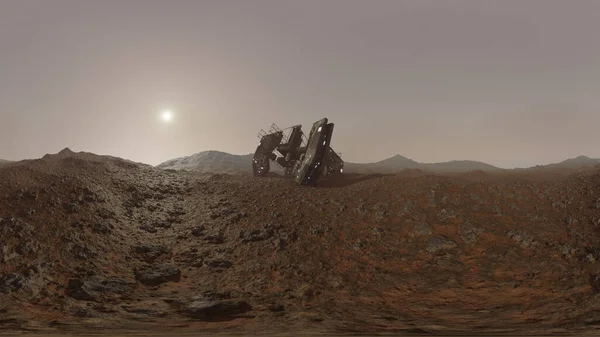 Weergave Van Een Panoramisch Zicht Een Neergestort Ruimteschip Mars Oppervlak — Stockfoto