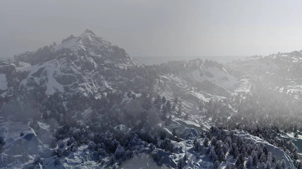 Darstellung Einer Landschaft Mit Schneebergen Und Nebel — Stockfoto