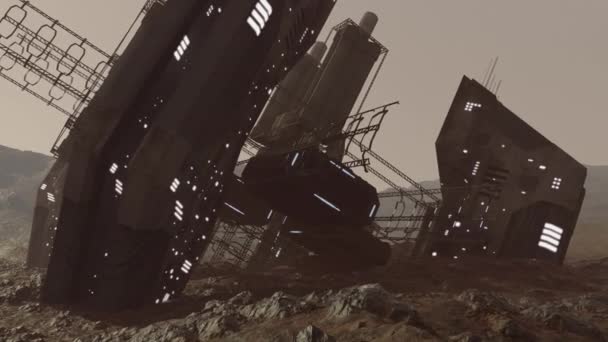 行星火星表面坠毁的外星飞船的3D动画 — 图库视频影像