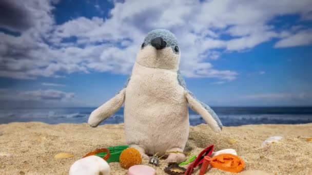 美しいビーチで満たされたゴミやゴミに囲まれたペンギンのテディ — ストック動画