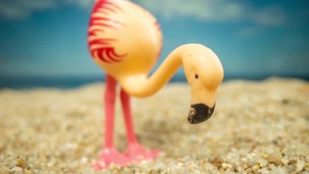 Ein Spielzeug Flamingo Einem Sandstrand Hinter Dem Sich Wolken Bewegen — Stockvideo