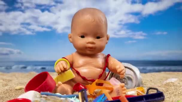Dziecięca Lalka Otoczona Śmieciami Śmieciami Wypełniająca Piękną Plażę — Wideo stockowe