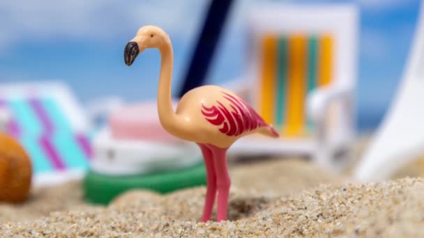 해변에서 의자와 쓰레기 장난감 플라밍고 — 비디오